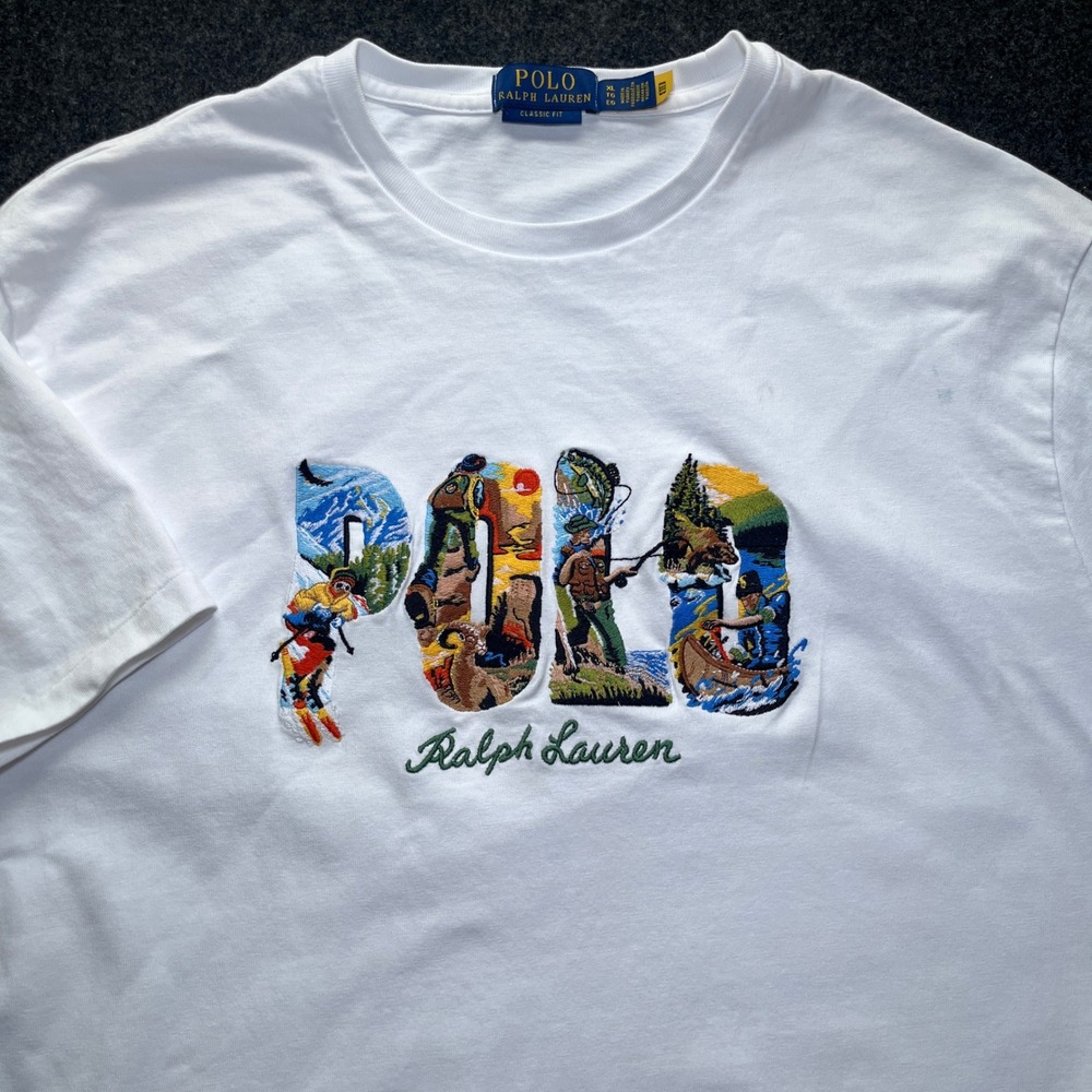 Polo Ralph Lauren T-Shirt Mens XL White Excellent Embroidered Outdoor Graphic